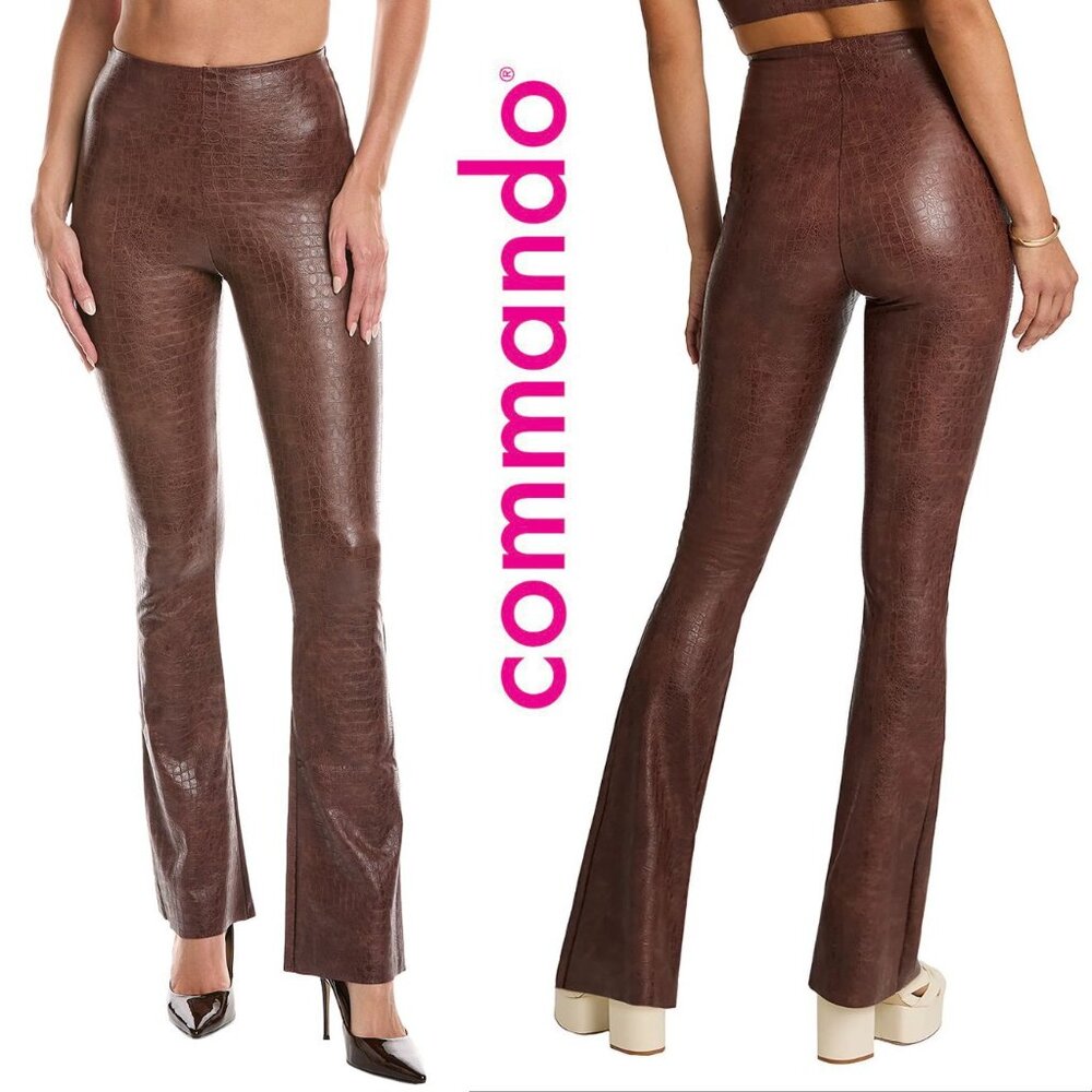 Commando Faux Leather Flare Legging Pants Size L Animal Embossed Brown Croc NEW